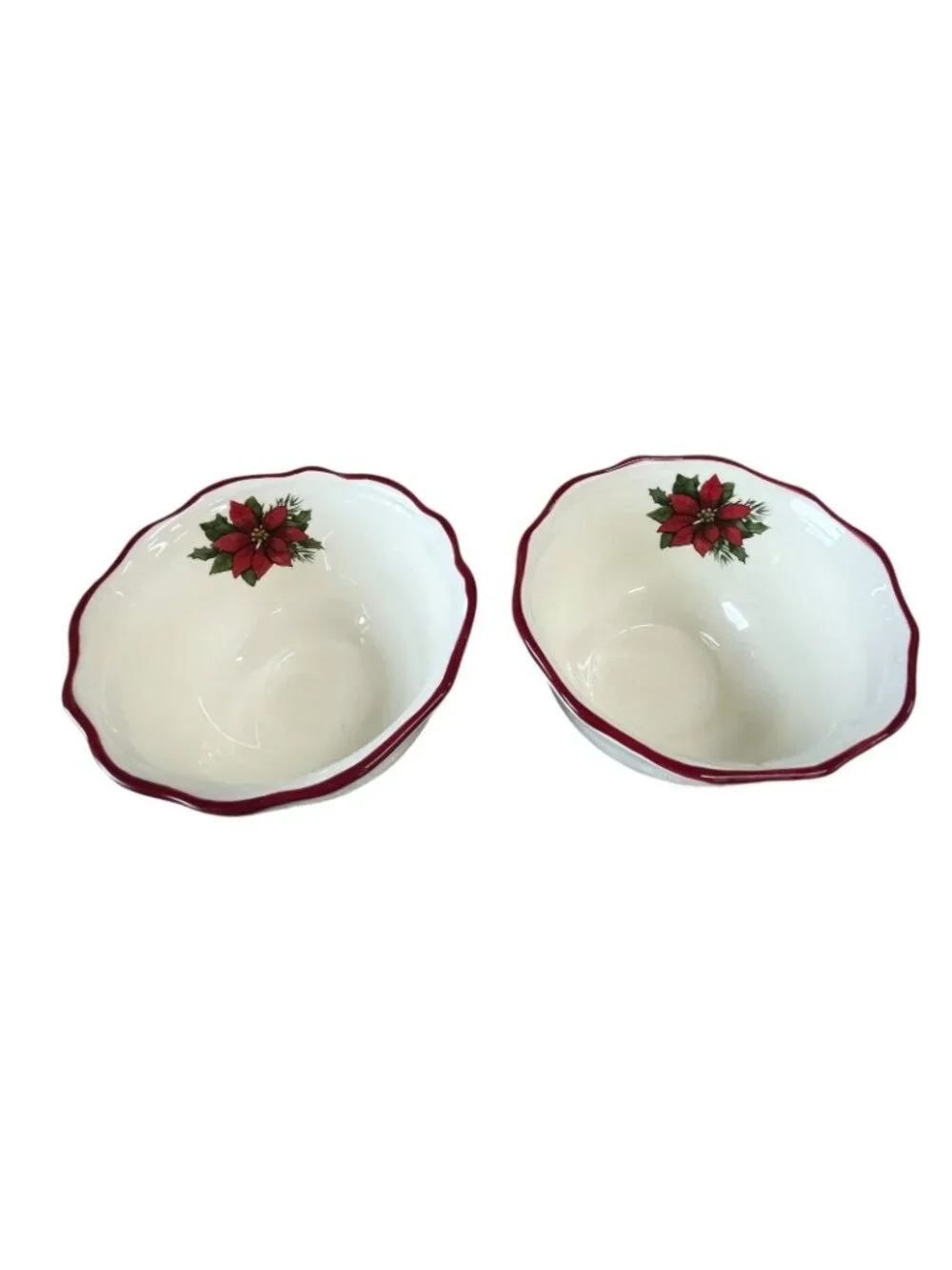 Set of 2 Poinsettia Christmas Holiday Bowls Scalloped Rim Dishwasher Microwave